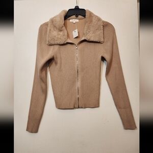 Ultra flirt Juniors' Faux-Fur-Collar Zip-Front Cardigan - L